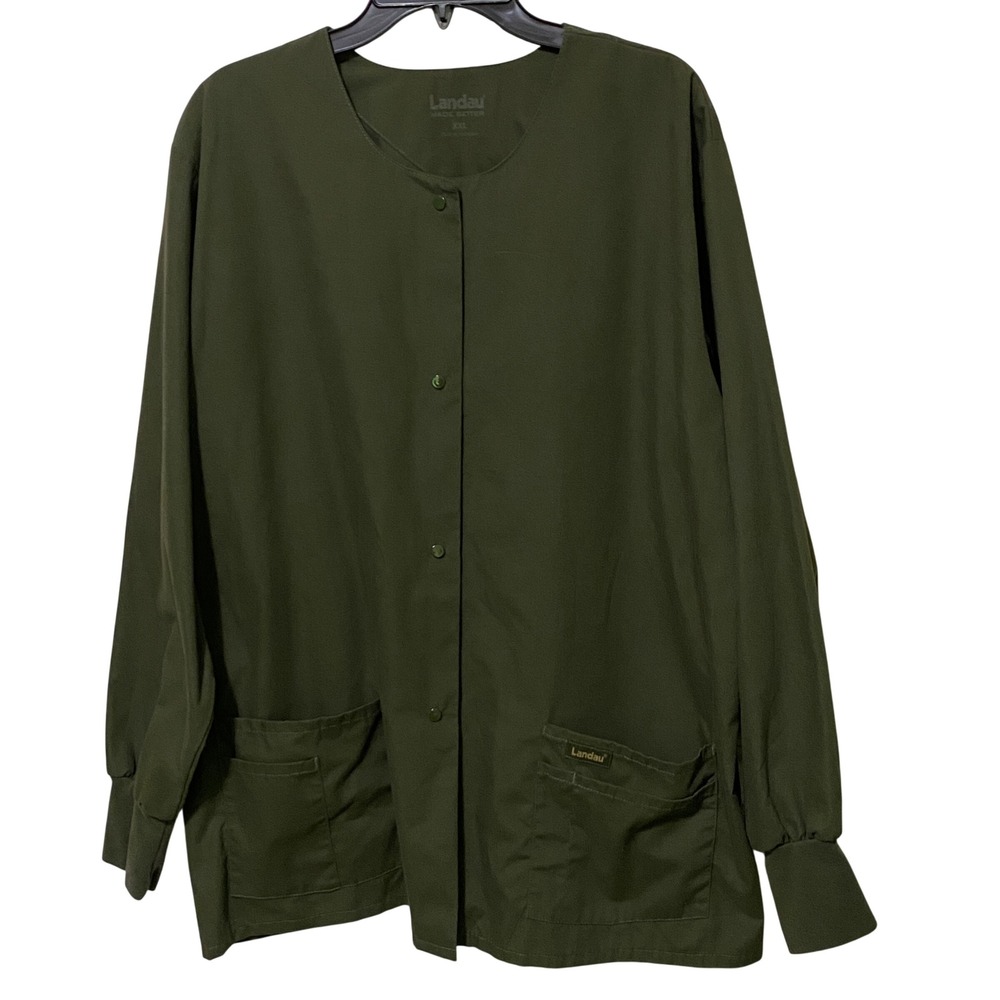 Landau Long Sleeve Scrub Top Army Olive Green‎ Snap Front Pockets Medical XL